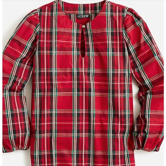 J. Crew puff sleeve poplin top in Good Tidings plaid large DEEP RUBY red long - Picture 3 of 7